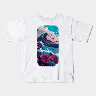 Roses by the Shore - Ocean Waves and Pink Skies Kids T-Shirt